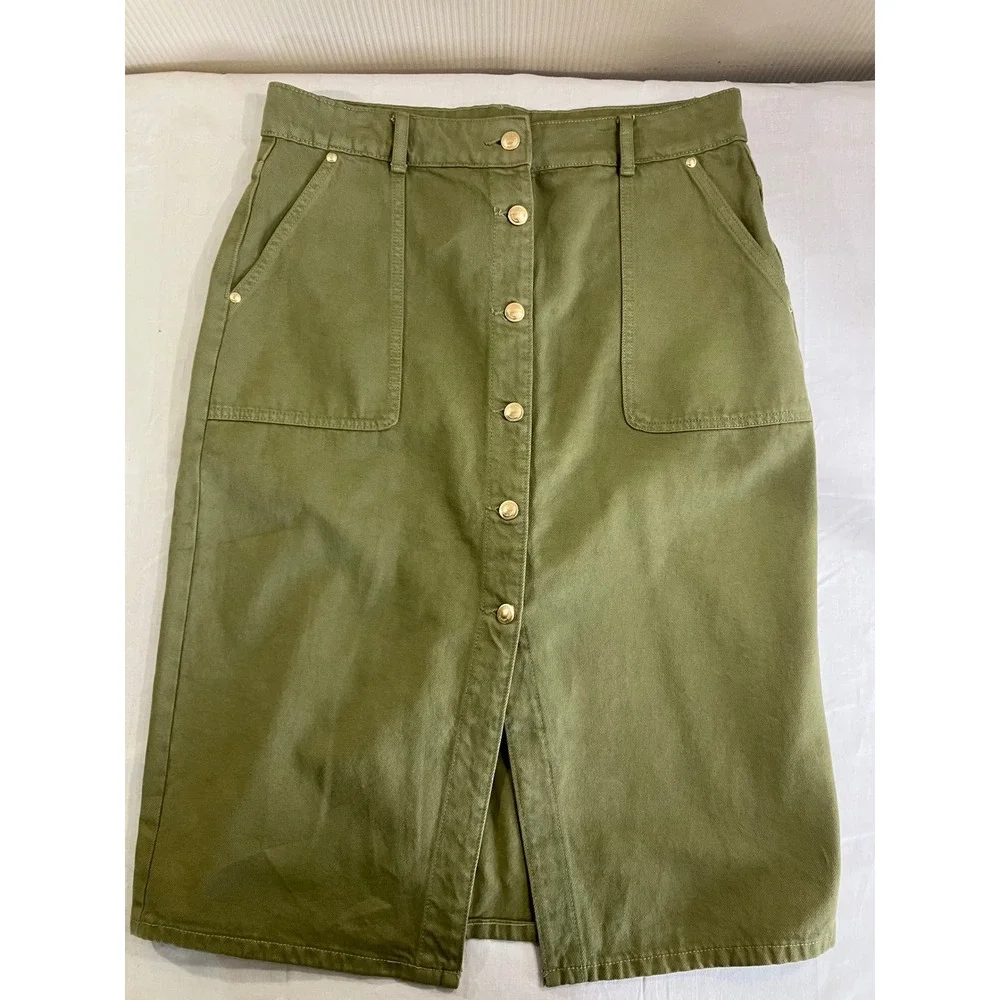 Michael Kors Womens Olive Green Cotton Button Front Midi Pencil‎ Skirt Size 12
